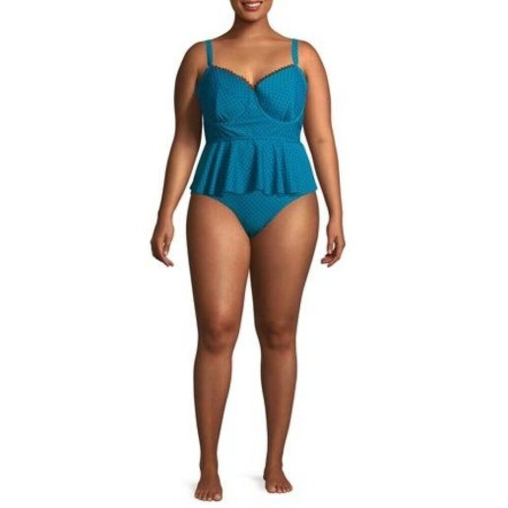 Womens Blue Polka Dot Peplum Tankini Top With Molded Cups & Adjustable Straps Si